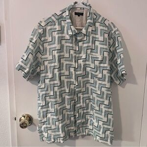 Ted Baker London Men Linen Short Sleeve Button Up Geometric Pattern Shirt Small